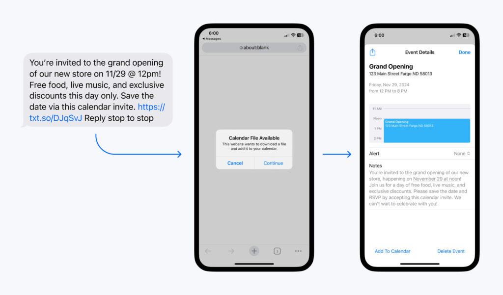 A sequence of three smartphone screens demonstrating how a text message invitation to a store opening includes a link to save the event in the calendar, enhancing the user experience for those receiving text message invitations.