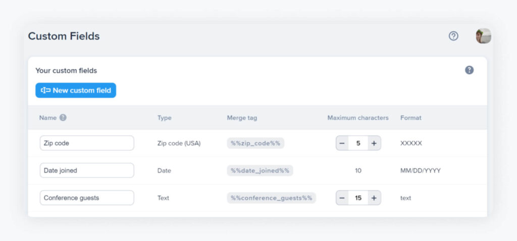 A screen of a text message marketing service showing custom fields for data collection such as 'Zip code' and 'Date joined.' This interface is used to personalize text message invitations based on subscriber information.