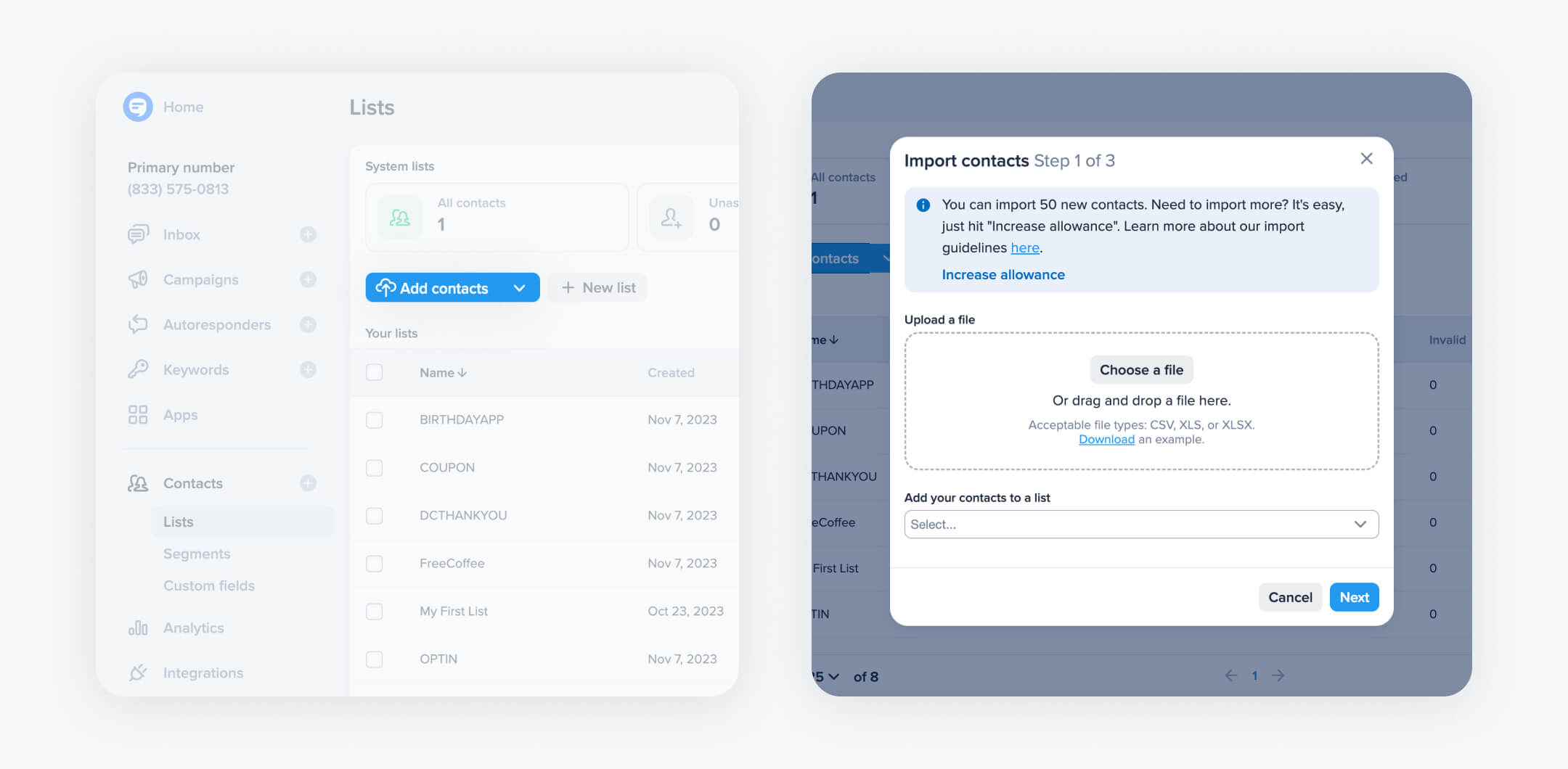 A contact import interface from a text message marketing tool with the option to increase allowance for more contacts, indicating scalability for sending out mass text message invitations.