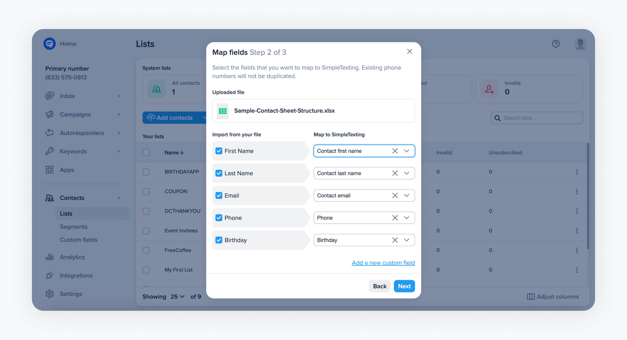 A field mapping interface in a text message marketing platform where contact details are being matched with system fields, ensuring accurate data usage for personalized text message invitations.