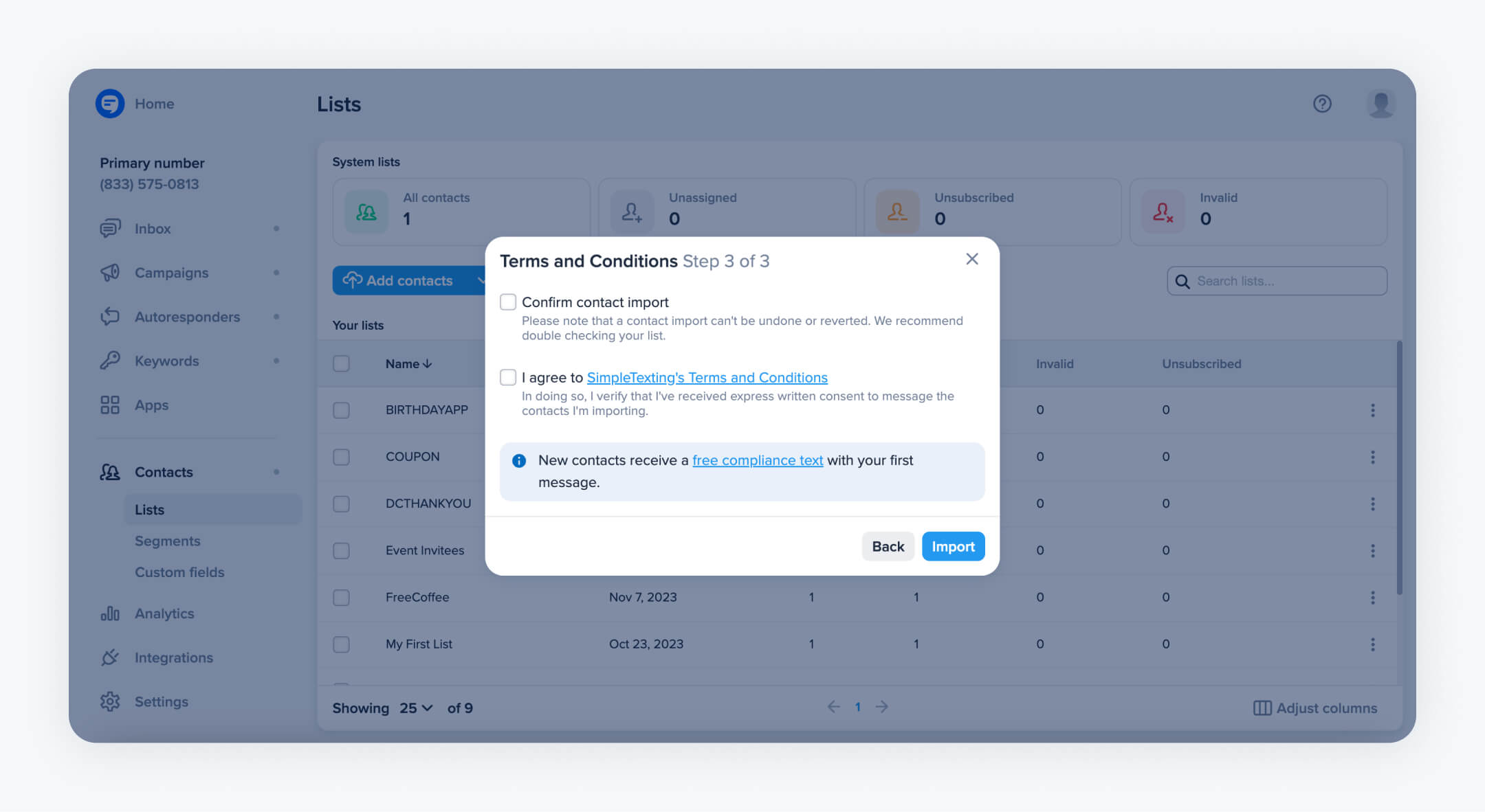 A user interface for importing contacts into a text message marketing tool, with steps and terms and conditions outlined for sending text message invitations to a new list of subscribers.