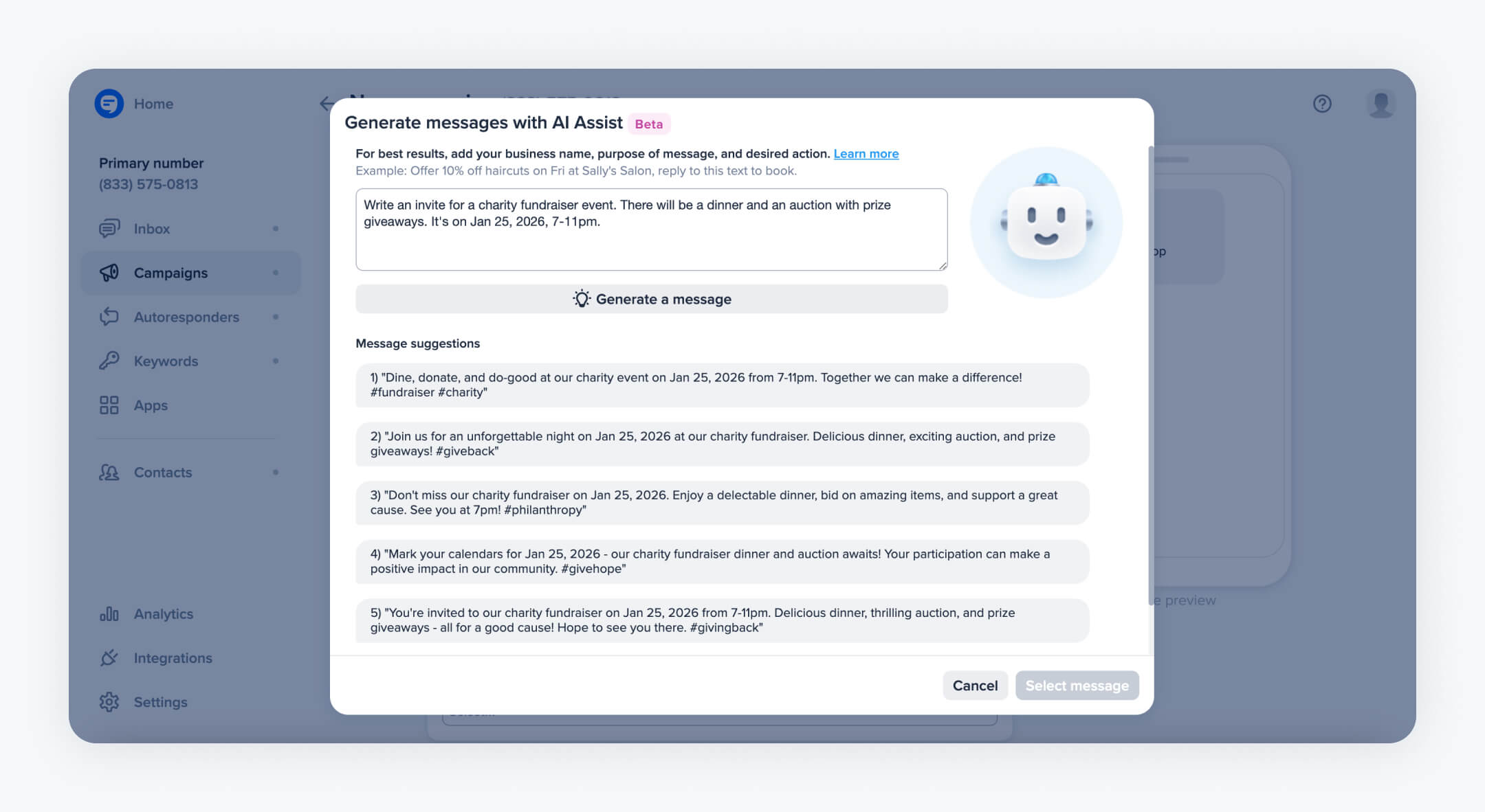 A message generation tool within a text message marketing platform, offering suggestions for invites to a charity event, showcasing how to create engaging and impactful text message invitations.