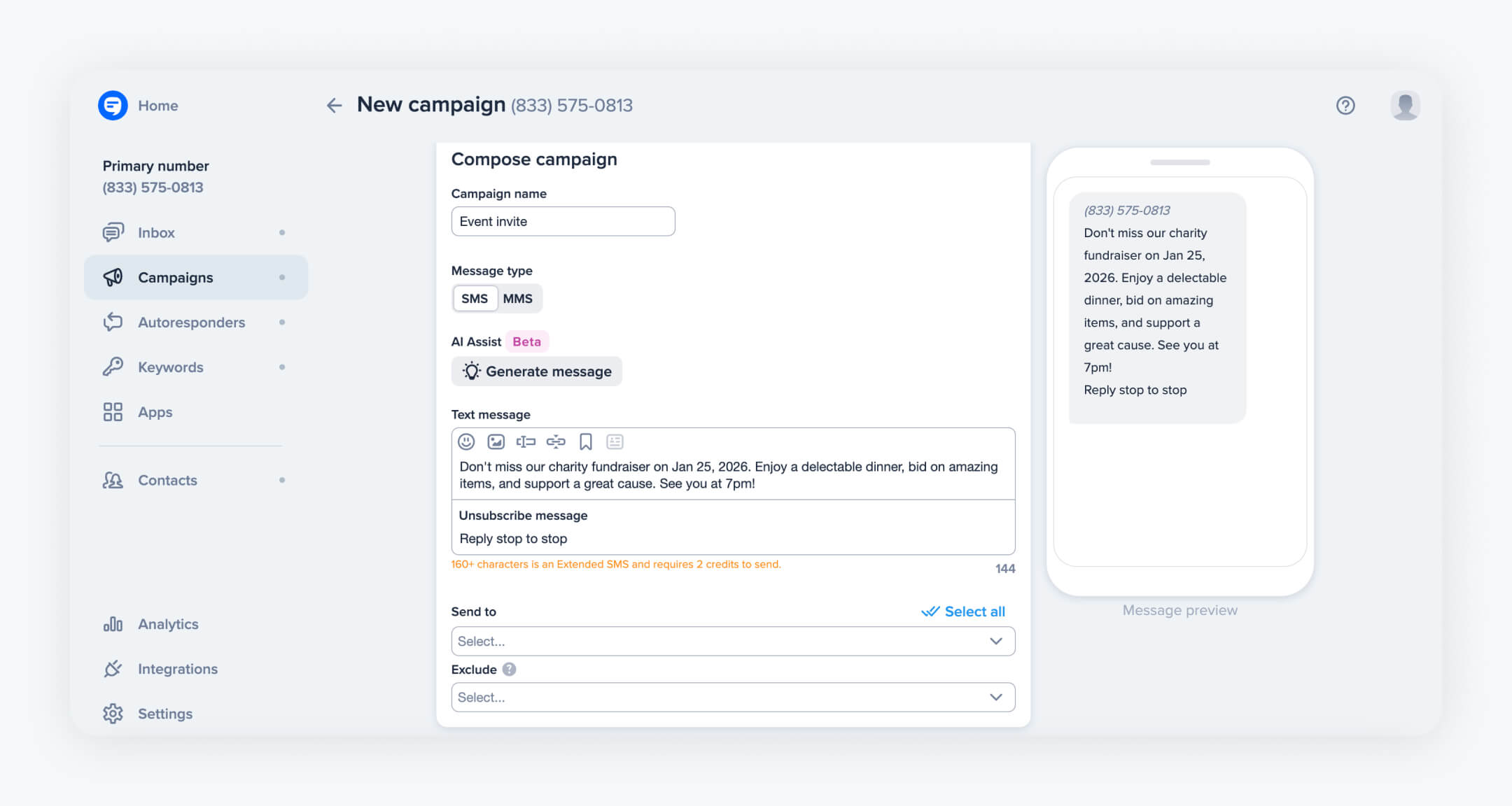 A campaign composition screen on a text message marketing platform, with a preview of a charity fundraiser invitation, illustrating how organizations can create and send text message invitations for events.