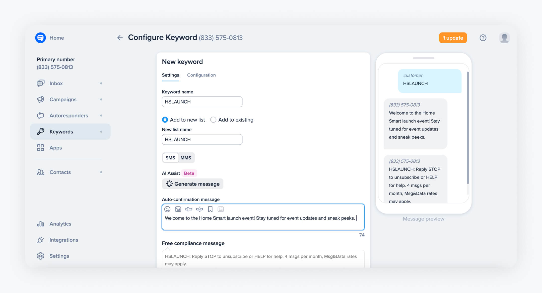 A user interface for configuring keywords on a text message marketing platform, showing a primary phone number and options for new keyword settings. A preview of a text message invitation for a 'Home Smart launch event' is displayed, suggesting a user-friendly tool for creating text message invitations.