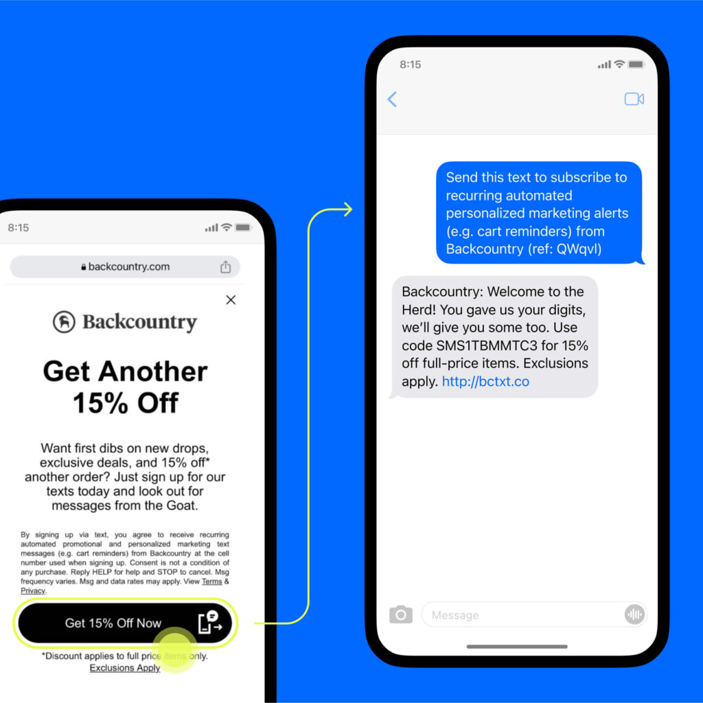 Screenshot of Backcountry.com offer that reads, "Want first dibs on new drops, exclusive deals, and 15% off another order? Just sign up for our texts today and look out for messages from the Goat."