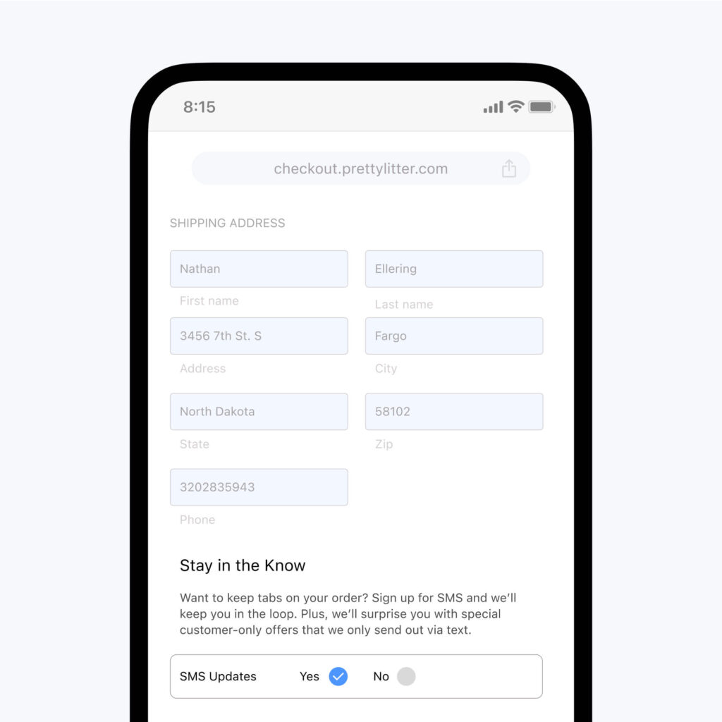 Illustration showing an ecommerce checkout form with an SMS opt in call-to-action