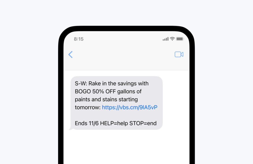 Text message from S-W for buy one get one 50% off deal