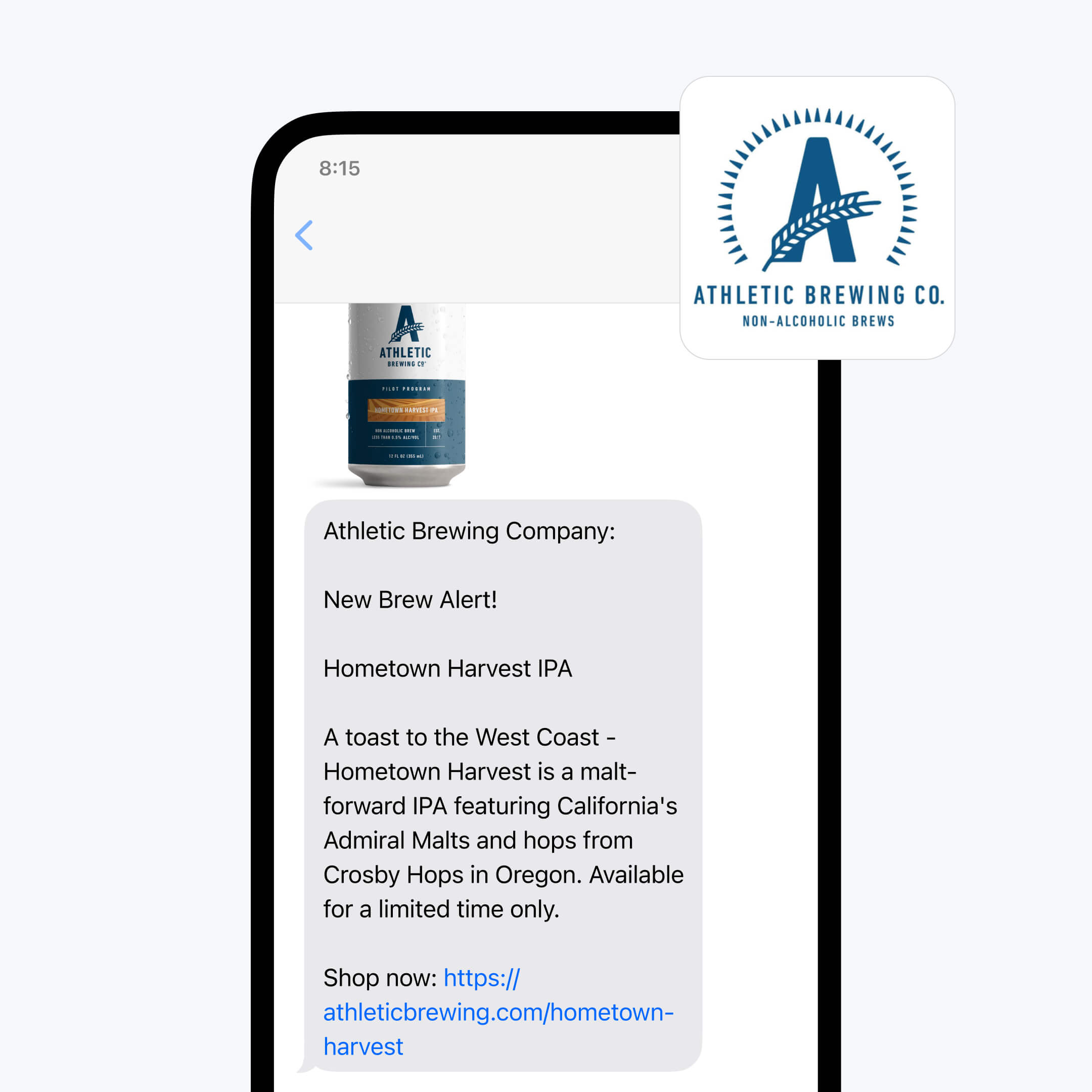 Promotional text message example from Athletic Brewing Company that includes a sales alert