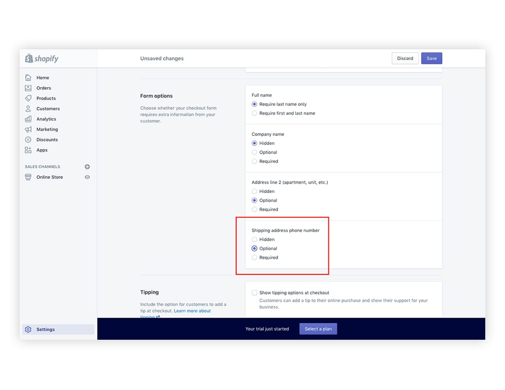 Adjusting Shopify settings to collect phone numbers