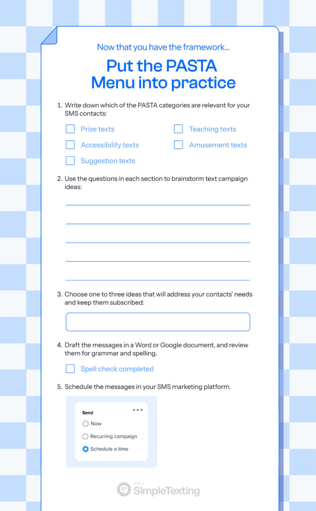 Infographic showing how to put the PASTA framework into practice for your SMS strategy