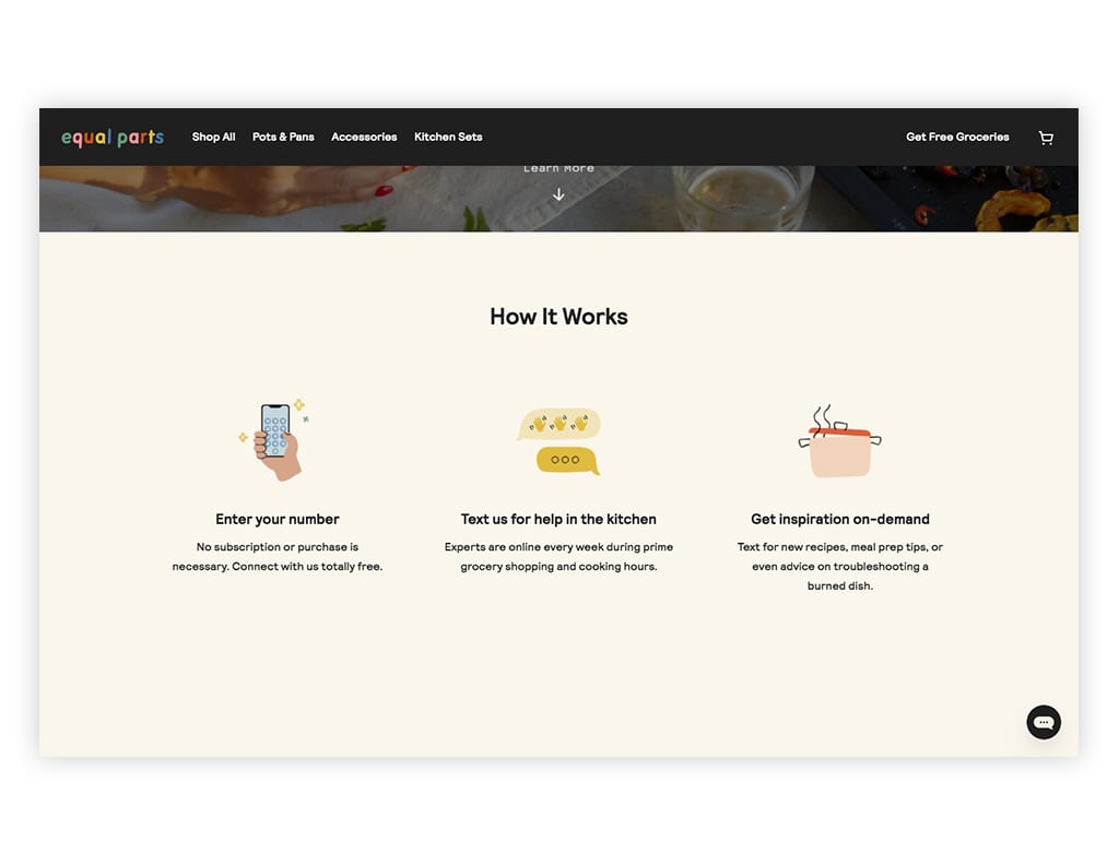 Screenshot of Equal Parts promoting text-a-chef