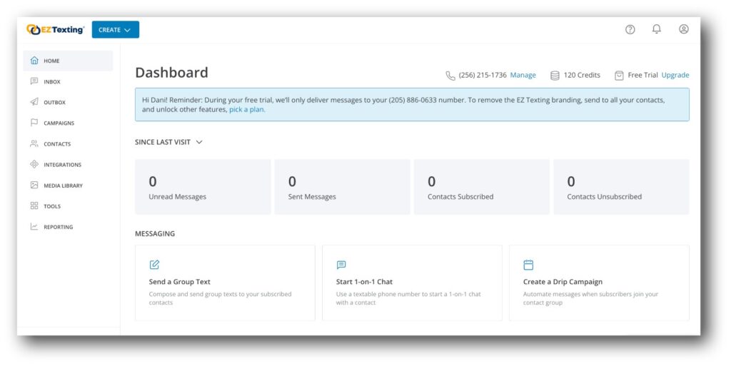 my dashboard in EZ Texting's business SMS platform