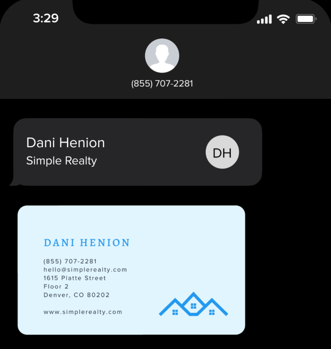Uploading a virtual business card to a keyword auto-confirmation message in SimpleTexting's real estate marketing platform.