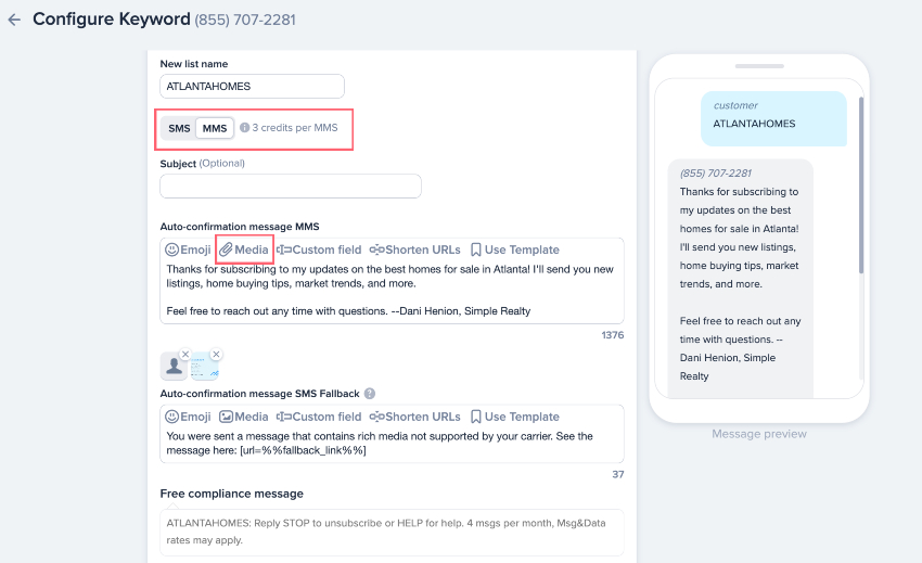 Uploading a virtual business card to a keyword auto-confirmation message in SimpleTexting's real estate marketing platform.