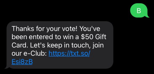 Second text message in Postino's campaign that confirms your vote and invites you to join their e-club