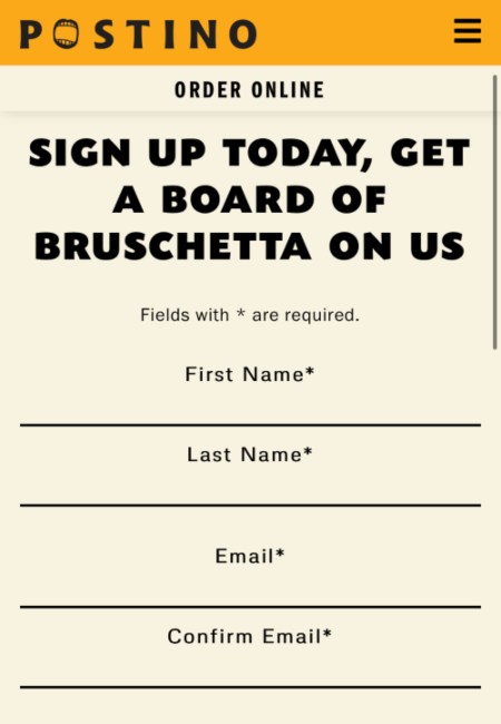 Postino's e-club sign up form