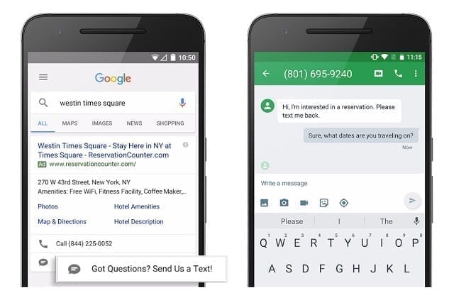 Two smartphones displaying click-to-message features