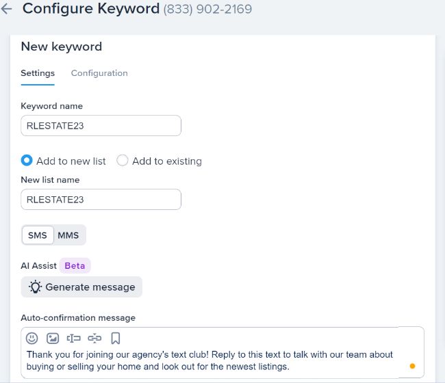 Creating an opt-in keyword for real estate prospecting