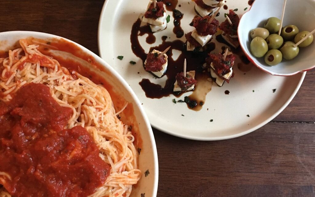 Pasta dish and appetizer to illustrate the PASTA Menu framework for texting