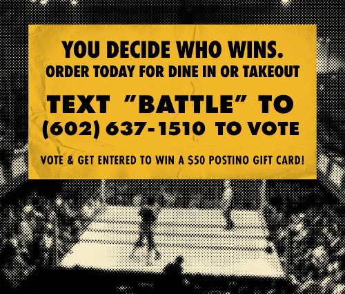Postino's call-to-action for their text-to-vote campaign, which asks participants to text "Battle" to their number to vote