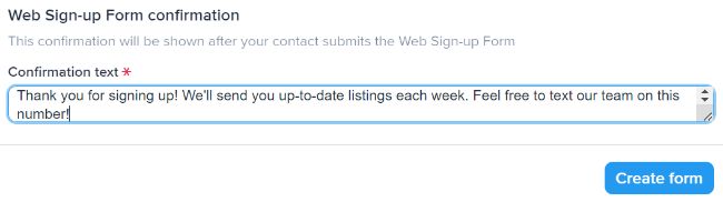 Customizing a web sign-up form confirmation message