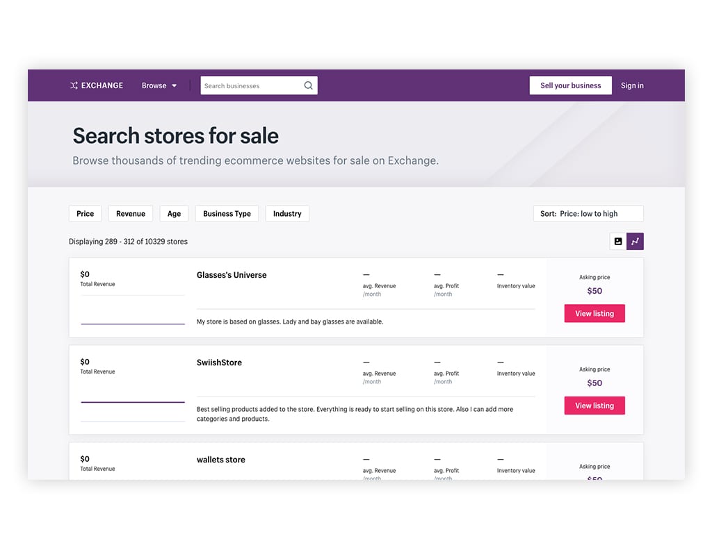 Shopify stores for sale on the Exchange Marketplace