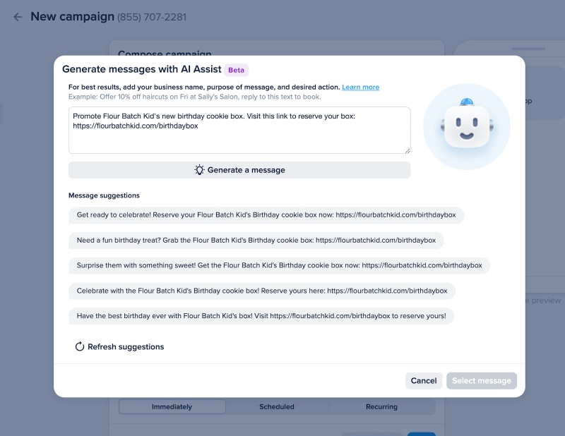 A business owner's text message in SimpleTexting's AI Assist message generator