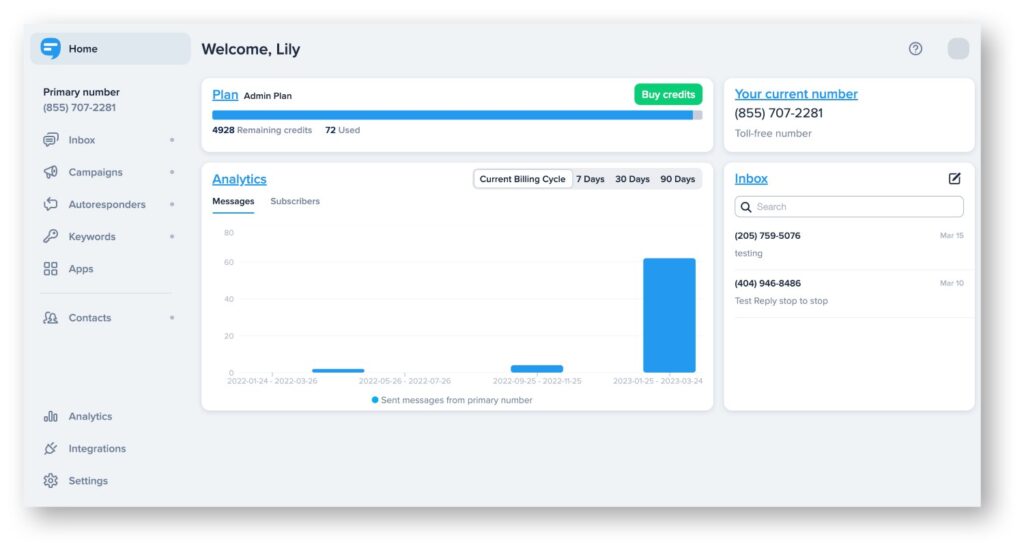 My dashboard in SimpleTexting's business text messaging platform