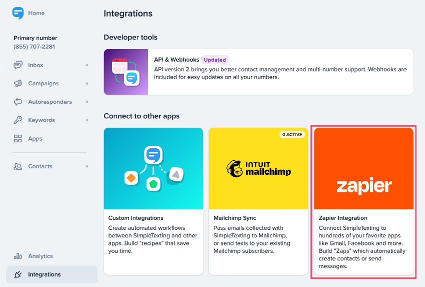 SimpleTexting's Zapier integration option