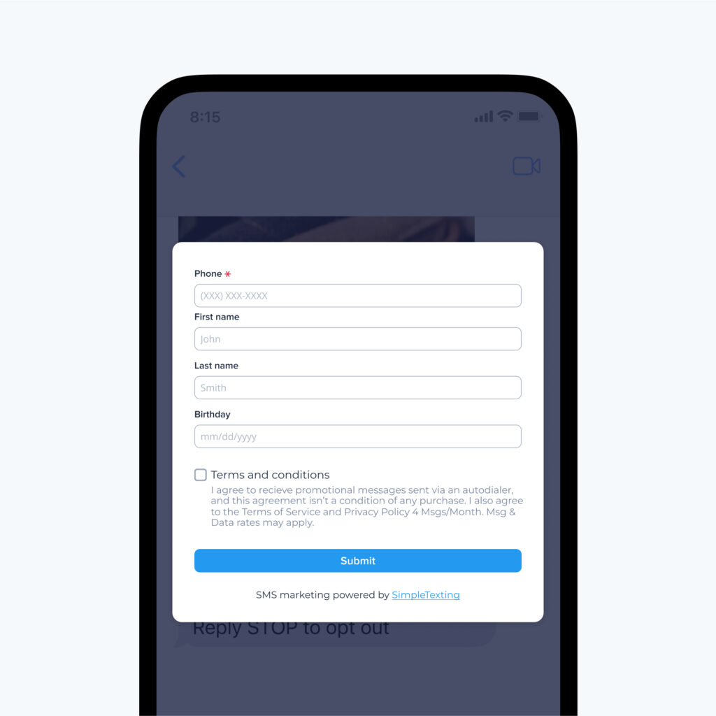 An SMS sign up form that includes a checkbox and disclaimer for compliance
