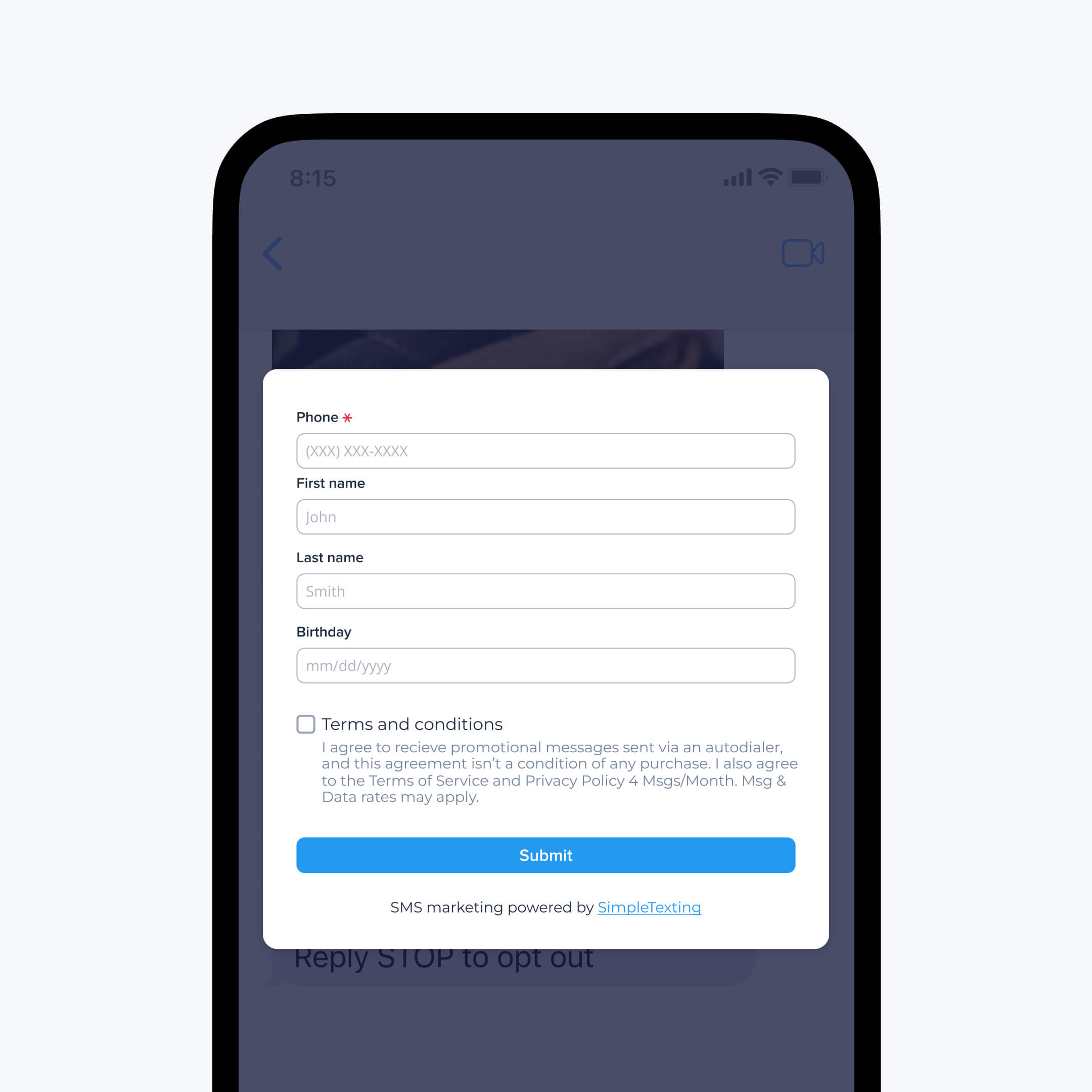 A web form created in SimpleTexting’s opt-in text message service
