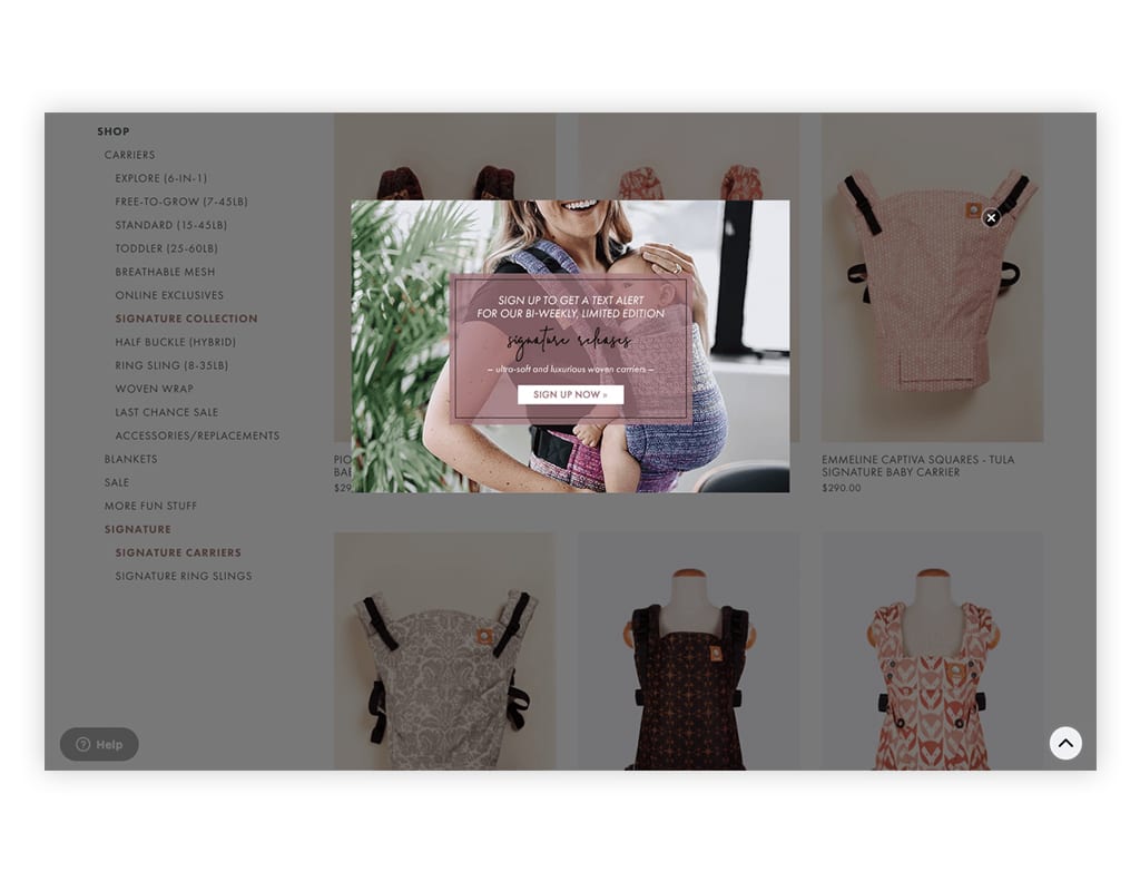 Pop-up promoting text promotions on Baby Tula's site