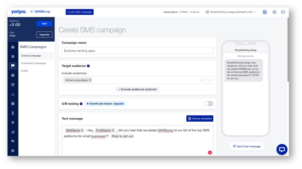 writing a text message in SMSBump's business text messaging platform
