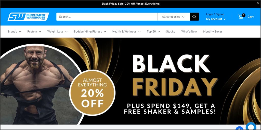 homepage of e-commerce store Supplement Warehouse