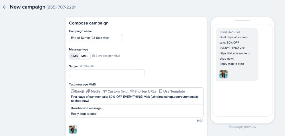 Composing a new text alert for a clothing business in SimpleTexting