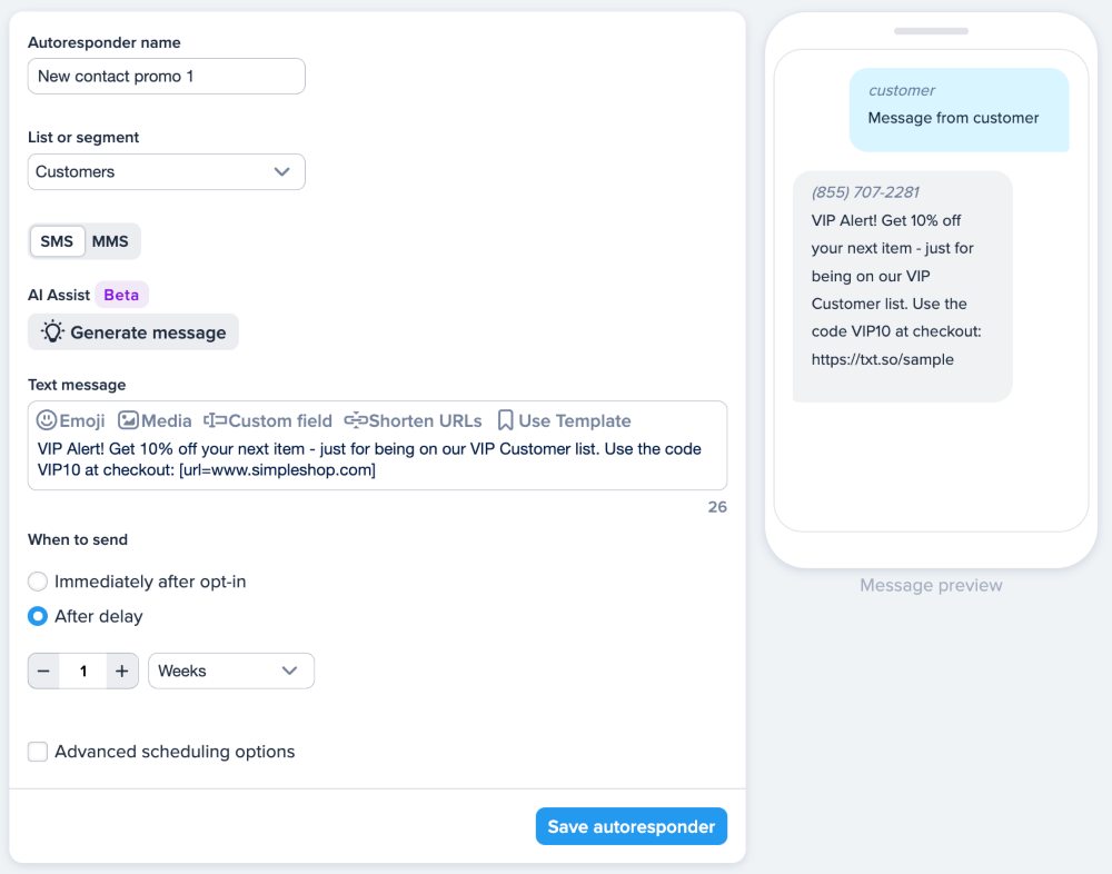 Creating an autoresponder text alert in SimpleTexting