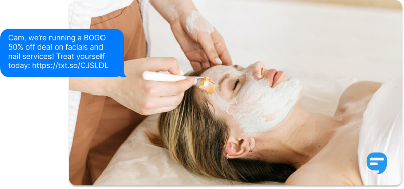 Text alert for a spa business promoting a BOGO deal on facials and nail services