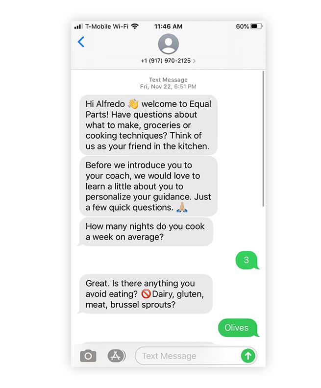 Text from Equal Parts with recipe recommendations