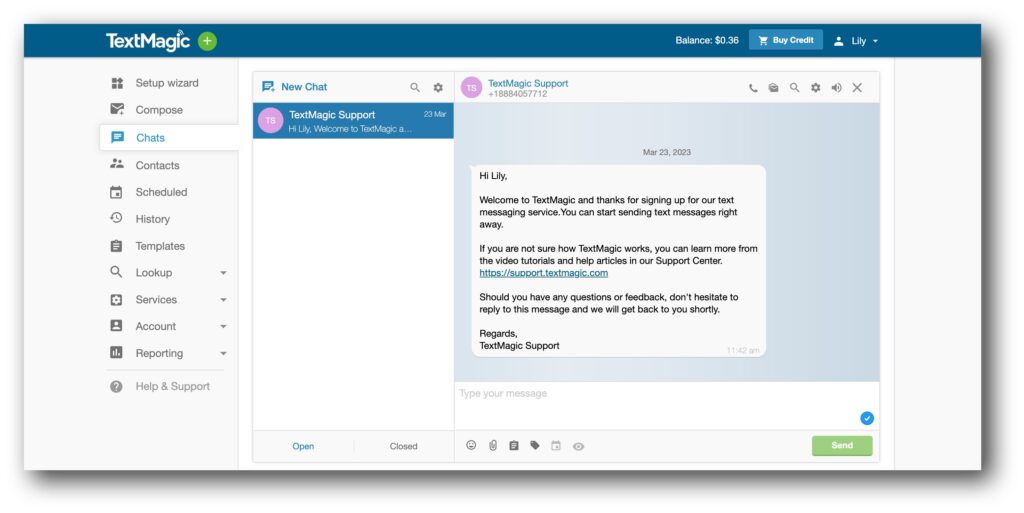 My dashboard in TextMagic's business texting service
