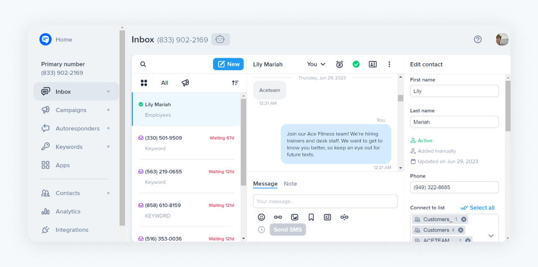 SimpleTexting's inbox