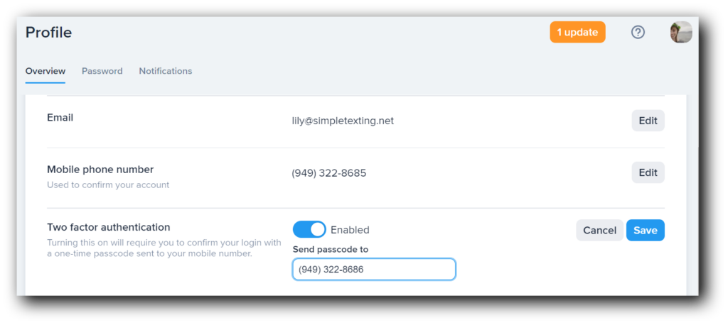 Entering a cell number for 2FA access in SimpleTexting