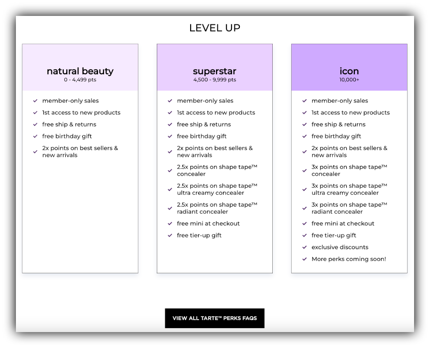 Tarte loyalty program landing page selections