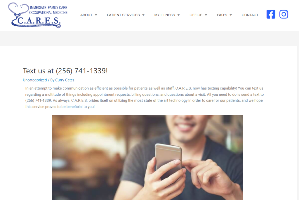 A C.A.R.E.S. blog post about its newly textable number