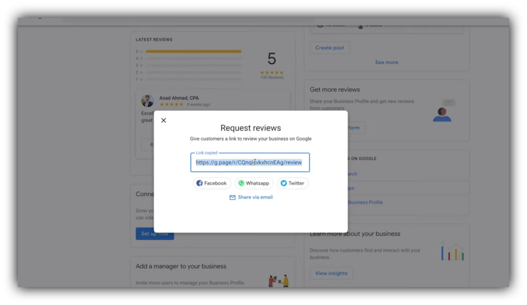 Click share review form in Google Business Profile
