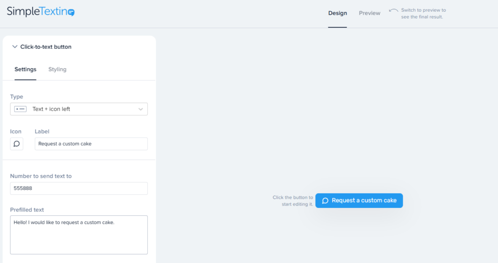 SimpleTexting's click-to-text button generator