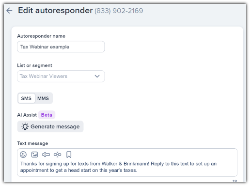 A demonstration of the autoresponder creation process in SimpleTexting’s platform