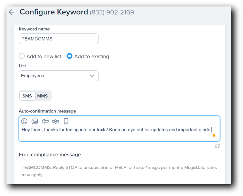 Creating an employee communication opt-in keyword