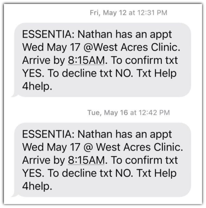 A series of appointment reminder SMS messages