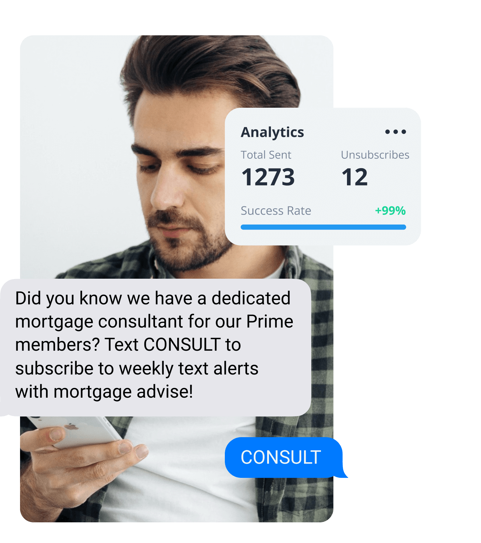 A man looks at his phone with text message bubbles appearing around him. The first text is received and reads