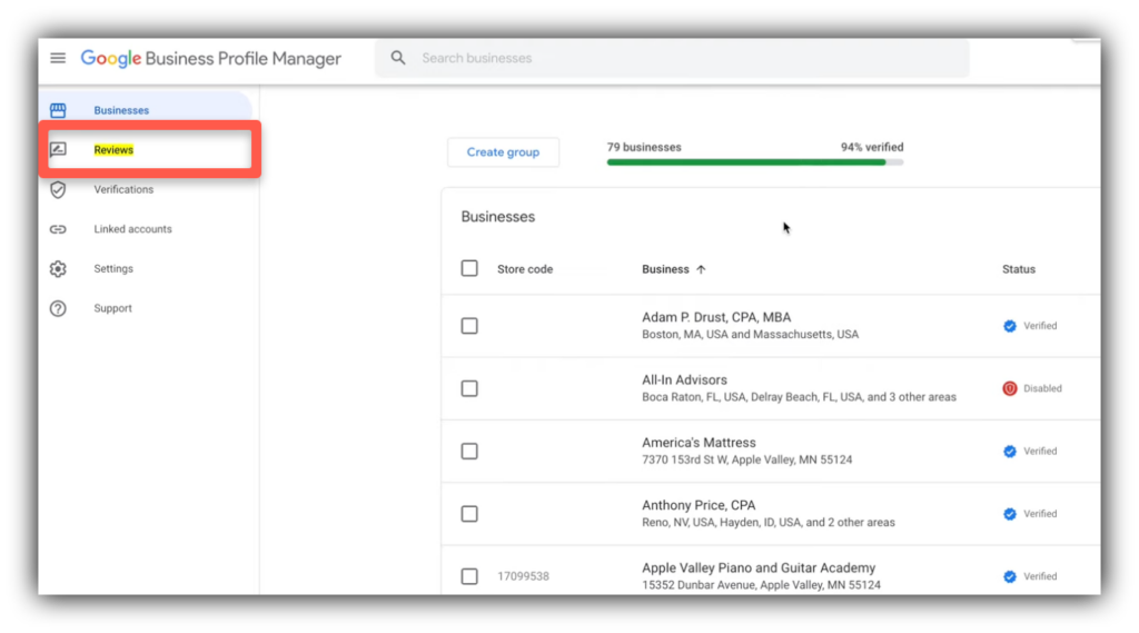 Selecting reviews in Google Business Profile
